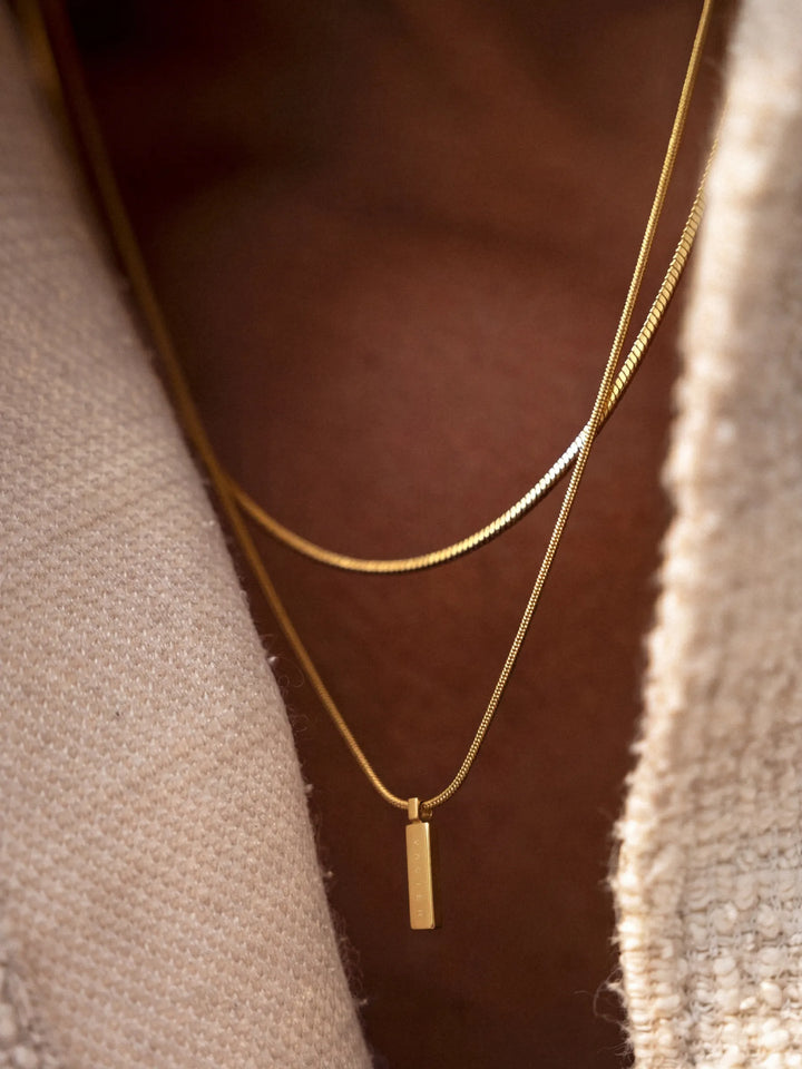 Close-up of a person wearing two gold necklaces, one of which has a rectangular pendant